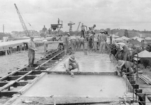 Concrete pouring during the construction of the Story Bridge, Brisbane 1936.