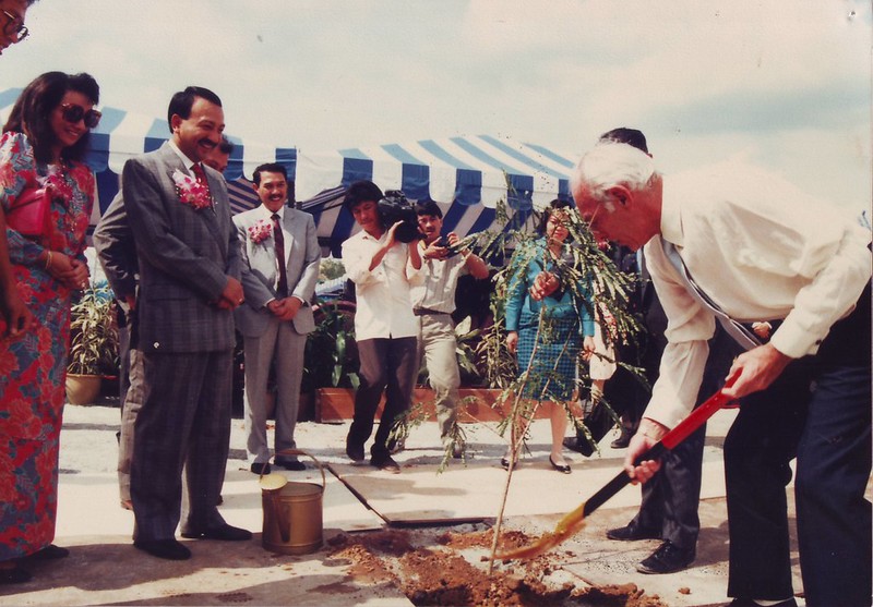 The tree planting ceremony officiated by Dennis Thatcher in 1989