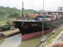 Freighter traversing the Panama Canal