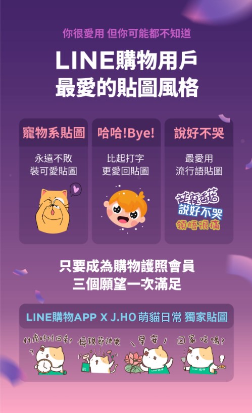 【圖四】LINE購物歸納「用寵物系貼圖裝可愛」、「比起打字更愛回貼圖」且「時時掌握流行與風潮」三大特徵，推出《J.HO萌貓日常》貼圖。