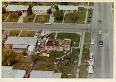 Utility truck arrives in residential area after the 1981 tornado. (City of Thornton / Colorado Virtual Library)