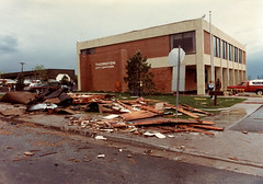 Debris covering the grounds of the Thornton Municipal Building. (City of Thornton / Colorado Virtual Library)