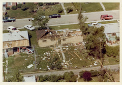Aerial view of two homes damaged by the 1981 tornado. (City of Thornton / Colorado Virtual Library)