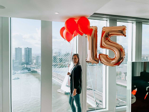 Helium Balloons Foilballoon  Number 15 Birthday with view on the Erasmusbrug Rem Koolhaas Suite NHOW Hotel Rotterdam