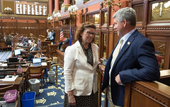 State Rep. Cindy Harrison talks with Rep. Pat Callahan during the special legislative session on Wednesday, June 16, 2021. 