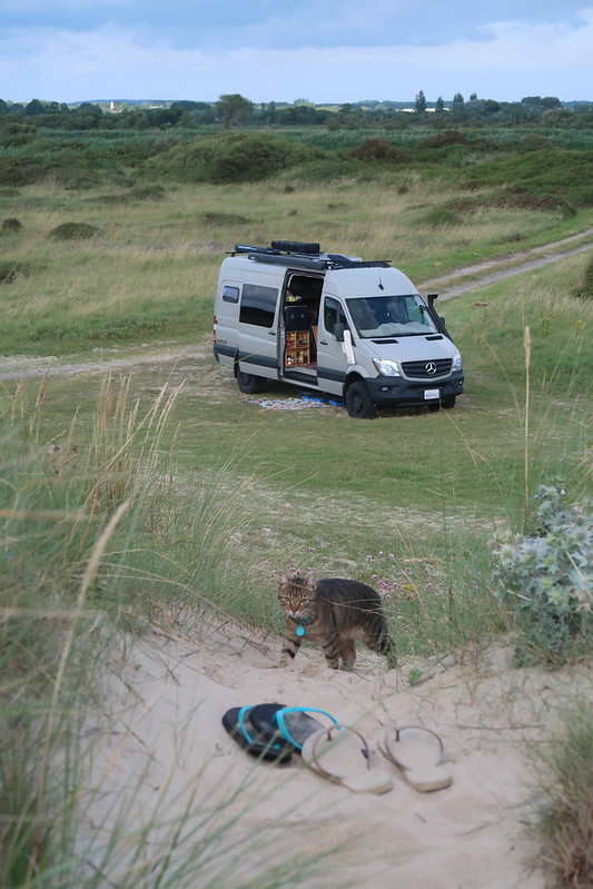 Wild camping at sand dunes beach, France.