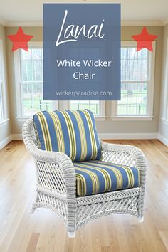 White wicker chair lanai collection offers deep seating comfort for your sunroom, porch, living room and other home decor spots. Porch wicker furniture at its best.