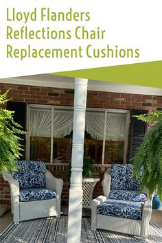 Customer submitted photo of the Lloyd Flanders reflections wicker replacement cushions from Wicker Paradise. We hope you enjoy these replacement cushions for many years. Shown in Hasley Navy fabric. White wicker with blue floral cushions and the porch.