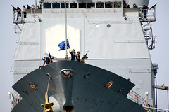 USS Monterey (CG 61) departs the Port of Djibouti.