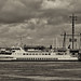 Passenger ferry "MS Wappen von Borkum" and historic semaphore in the port of Cuxhaven