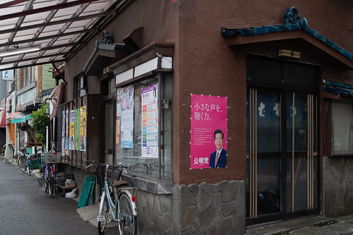 soba restaurant with political party posters