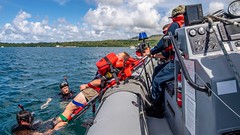 Sailors assigned to USS Charleston (LCS 18) participate in a search and rescue training evolution.