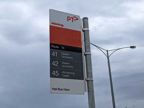 PTV Bus Stop sign for Geelong Routes 41, 42 & 45 on Rossack Drive