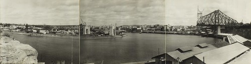 Panorama of the Brisbane River showing Story Bridge construction, Brisbane, Queensland, 1938