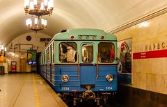 retro metro train of the E series in the St. Petersburg metro follows the reserve metro station Narvskaya without passengers