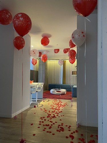 Helium Balloons on weight with path of rose petals Marriage Proposal Rem Koolhaas Suite NHOW Hotel Rotterdam