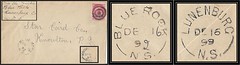 Nova Scotia / N.S. Postal History - 16 / 20 December 1899 - BLUE ROCK (Lunenburg County), N.S. (split ring / broken circle cancel / postmark) to Knowlton, Quebec via Lunenburg, N.S.