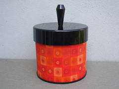 Vintage 1970's Orange / Red  Colourful French Fabric Lidded Plastic Pot