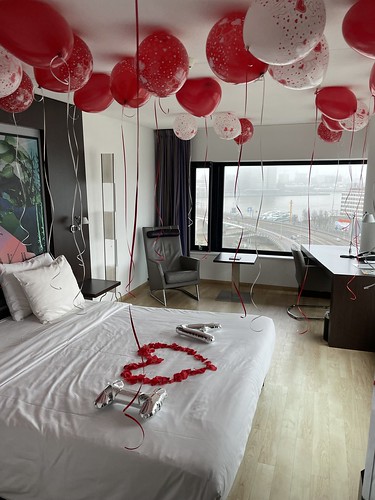 Helium Balloons Foilballoon Letters en rose petals Marriage Proposal with view on the Erasmusbrug Panorama Top Room Inntel Hotel Rotterdam