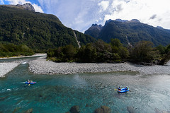 Pursuit teams paddling the Hollyford River