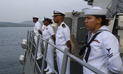 Sailors man the rails as USS Fitzgerald (DDG 62) arrives in Trincomalee, Sri Lanka.