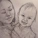 My grandchrild, Maya with her mother. Pensil on paper.