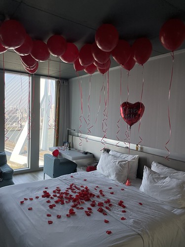 Helium Balloons en rose petals Marriage Proposal NHOW Premium Room with Skyline view NHOW Hotel Rotterdam