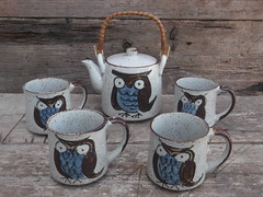 Vintage 1970's Stoneware Owl Design Coffee Mugs & Tea Pot Made in Japan Flea Market Find Last Weekend