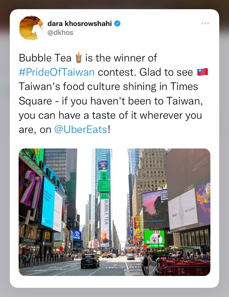 【新聞照3】Uber 執行長科斯洛沙希（Dara Khosrowshahi）也於推特上支持台灣美食文化「推」向世界。（Uber Eats 提供）