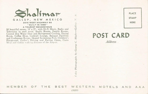 Gallup, NM - vintage postcard (reverse side) of the Shalimar Motel on U.S. 66 - 1960's