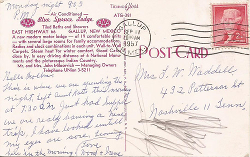 Gallup, NM - vintage postcard (reverse side) of the Blue Spruce Lodge on U.S. 66 - postmarked in 195