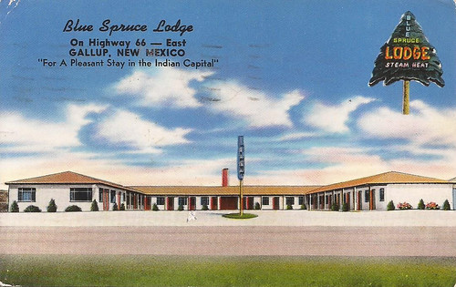 Gallup, NM - vintage postcard of the Blue Spruce Lodge on U.S. 66 - postmarked in 1957