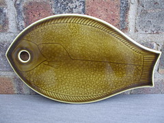 Vintage Mid Century Olive Green Porsgrund Ceramic Fish Trivet Made in Norway