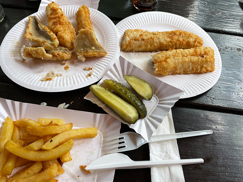 Fish , Chips and pickled cucumbers