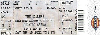 September 10, 2022, The Killers, in concert, Dickies Arena, Ft Worth, Texas - ticket stub