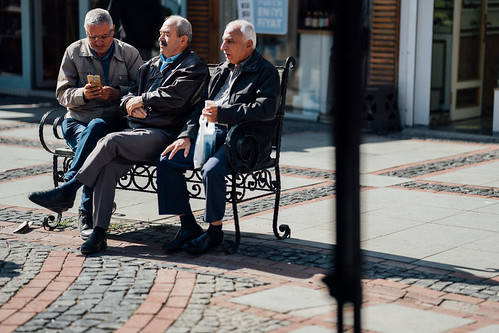 3 Old Men on a Bench, with Mobile Phone and Coffee, Edirne Turkiye