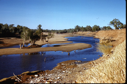 Fitzroy Crossing, Western Australia - Aug 1962: A view of the low lthe Fitzroy River adjacent to the Crossing Hotel. Note the rubbish.