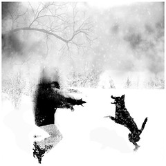⁛man and dog jumping in snow, in vermont⁛