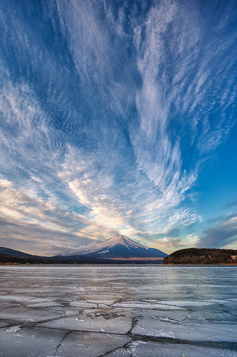 Morning Fuji in frozen Lake Yamanaka