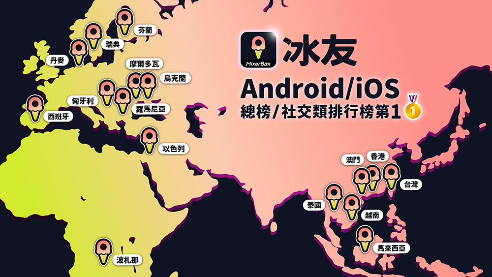 圖1：冰友下載迅速攀升，繼台灣後，陸續攻佔海外15個國家_區域免費-App-總榜或社交類排行榜冠軍