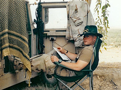 army cavalry captain taking a break in southern iraq 2003
