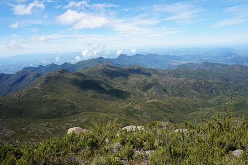 Camp Casa Queimada viewed from the Summit of the Pico do Cristal (Crystal Peak) at 2,770 m (9,087 ft) MSL, Caparaó National Park, Alto Caparaó, Minas Gerais State, Brazil.