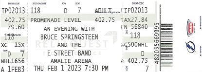 February 1, 2023, Bruce Springsteen & the E Street Band, in concert, Opening Show of Tour, Amalie Arena, Tampa, Florida - Ticket Stub