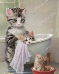 Mother Cat Giving The Kittens a Wash