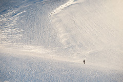 A loan snowshoer traverses a mountainside on Booth Island, Antarctica.