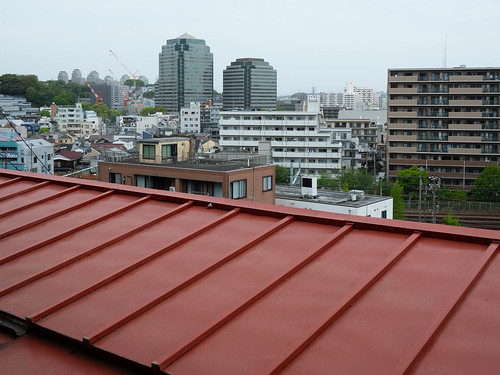 赤いトタン屋根越しの景観