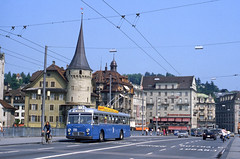 I.D.s 1344 & 12368 photographed by John Ward on 1982-06-10 of Saurer FBW Trolley Bus 233 in the City of Lucerne, Switzerlaand.