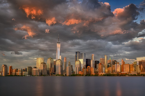 Light from the sunset reflected in Lower Manhattan