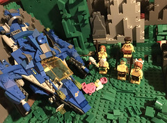 Classic Space: Irena Crashing her space-ship on a planet inhabited with male troglodytes followers to an ancient cult of Masculinity that emigrated from the Capital planet years ago (LEGO MOC AFOL build vignette of sci-fi character) toy hobby photography