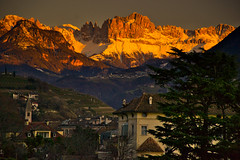 The Rosengarten/Catinaccio group seen from Bolzano/Bozen at sunset
